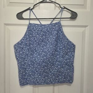 Abercrombie & Fitch Blue White Ditsy Floral Smocked Crop Linen Tank Top Sz Large